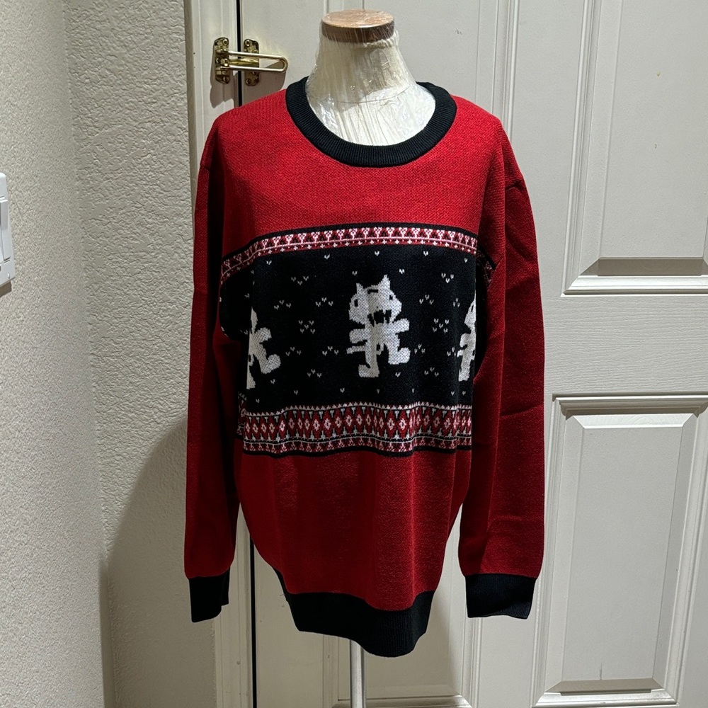 MONSTERCAT Red and Black Men's Holiday Sweater